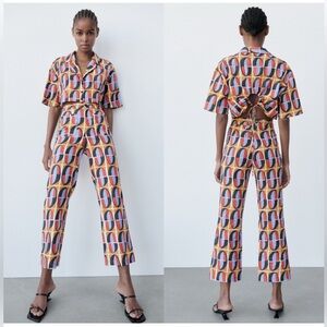 ZARA Geometric Print Cropped Shirt & High-Waist Pants Set | S (Top), S (Bottom)